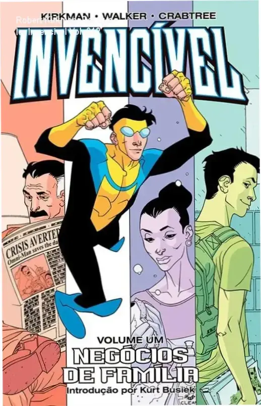 Capa do primeiro volume de Invencível mostrando Mark Grayson e Omni-Man