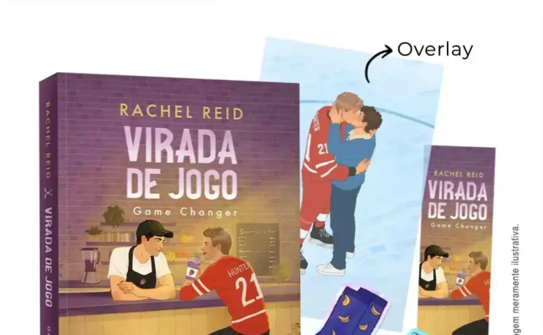 Capa do livro Virada de Jogo por Rachel Reid mostrando Scott Hunter e Kip Grady beijando-se em frente ao sorveteria