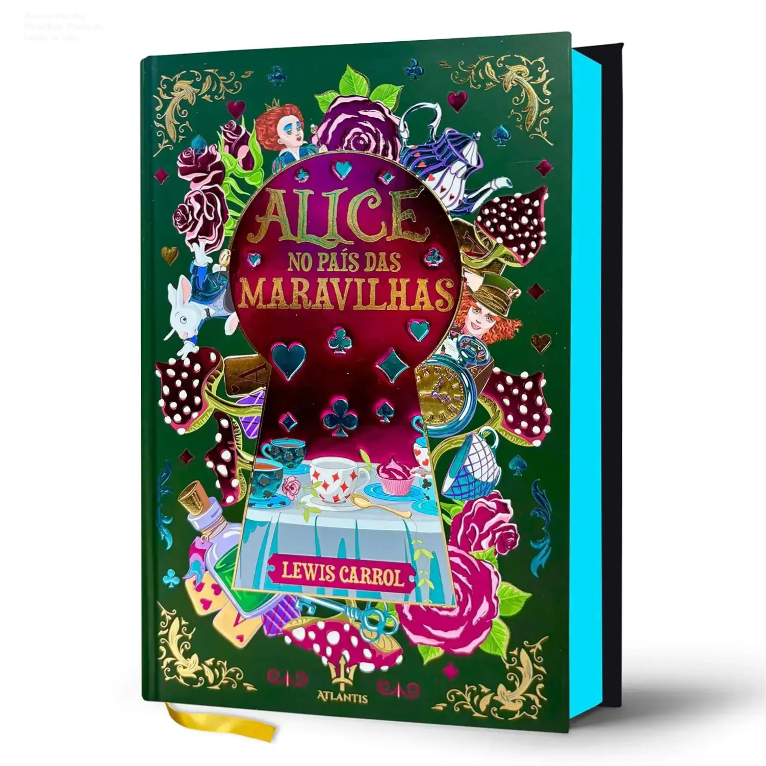 Livro Alice no País das Maravilhas de Lewis Carroll em edição de luxo com capa dura e detalhes em hot stamping